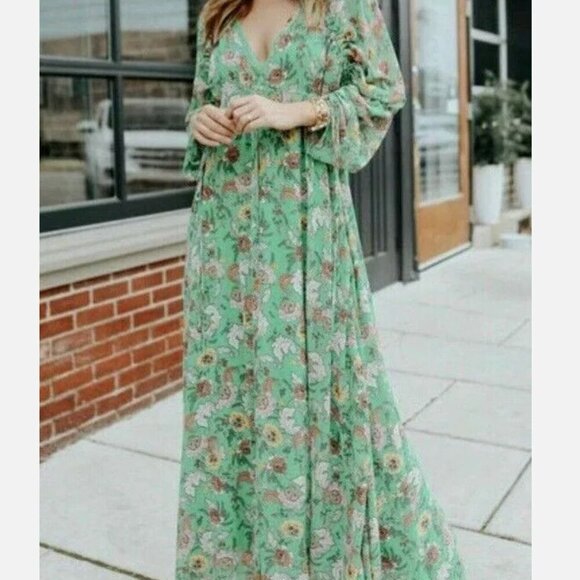 Free People Earthfolk Green Long Sleeve Sheer Floral Maxi Dress S - Picture 1 of 13